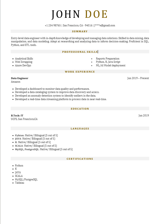 ENTRY LEVEL DATA ENGINEER RESUME